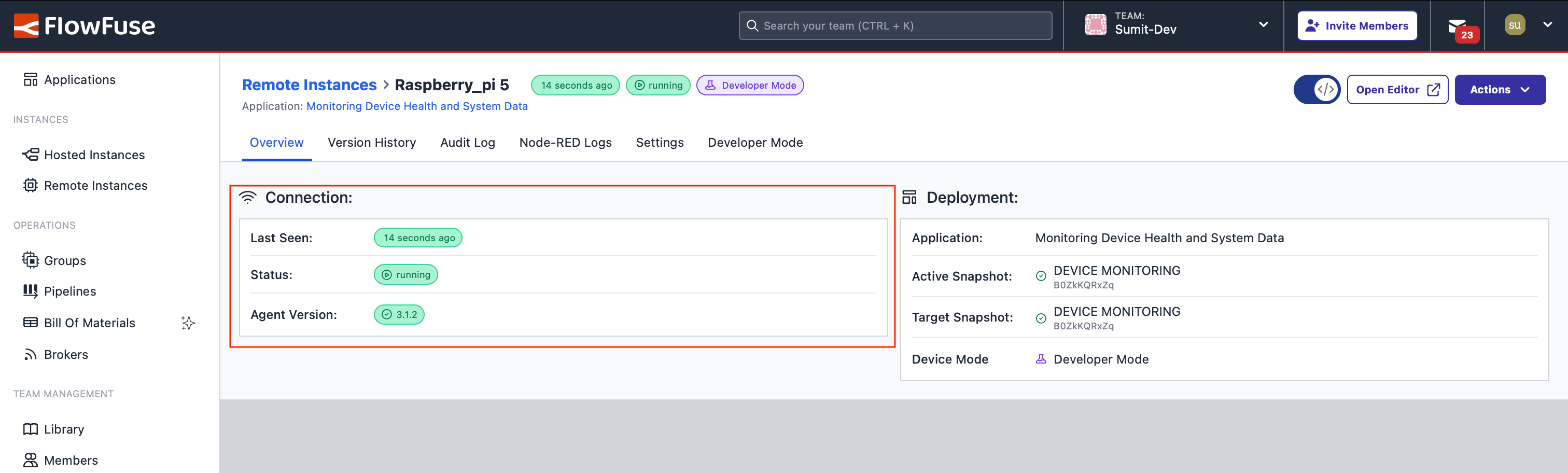 Status of the remote instance in FlowFuse, showing its connection and operational state