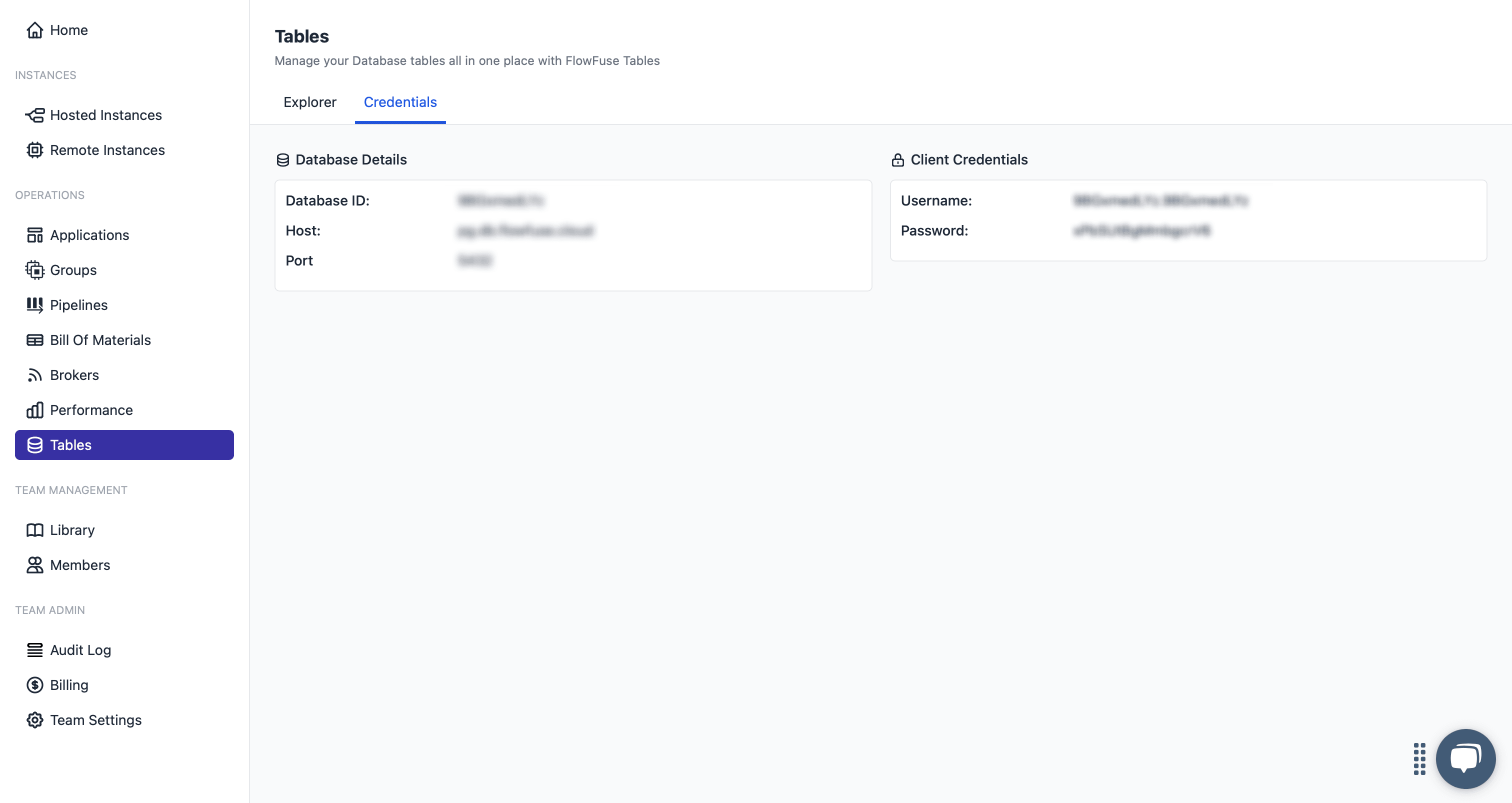 FlowFuse Tables: Credentials Tab